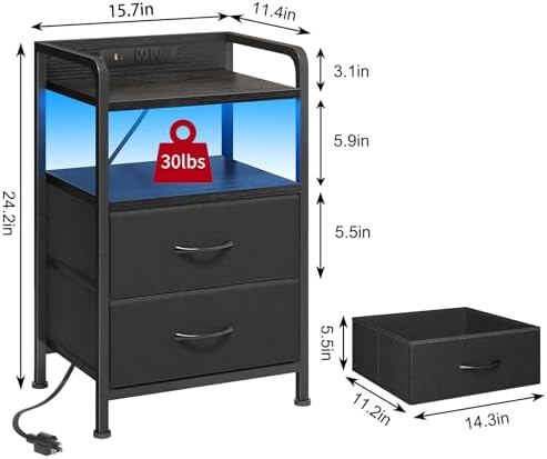 Fixwal Black Led Nightstand, Rear Charging Station, 2 Fabric Drawers - Image 3