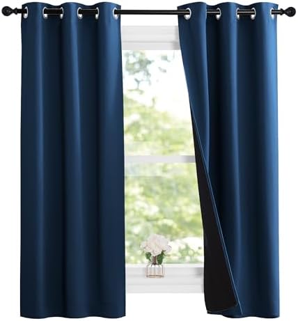 NICETOWN 100% Blackout Short Curtains with Black Liners, 2 Panels, 37" W by 50" L, Moroccan Blue, Thermal Insulated Full Blackout 2-Layer Lined Drapes, Energy Efficiency Window Draperies for Bedroom by NICETOWN