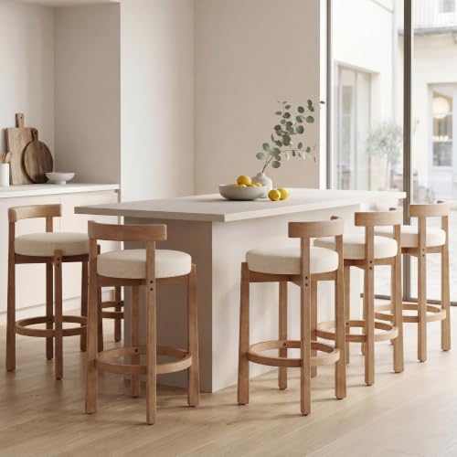 LukeAlon Linen Counter Stools Set of 5, Upholstered 26.5” Seat Height Low Barstools with Natural Wood Legs Round Low Back Kitchen Stools with Footrest for Dining Room Bar Coffee Shop, Beige by LukeAlon