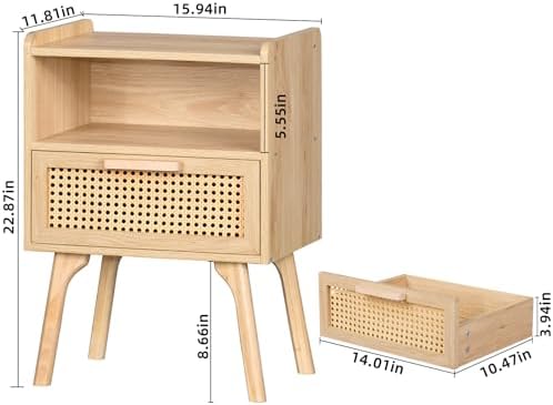 Lerliuo Rattan Nightstands Set of 2, Boho Side Table with Drawer Open Shelf - Image 3
