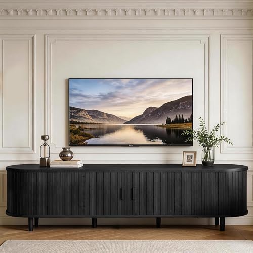 MXV 70" TV Stand with Sliding Doors for Living Room, Mid Century Modern Entertainment Center, TV Console with Fluted Door Cabinets and Power Outlet, Black - Image 7