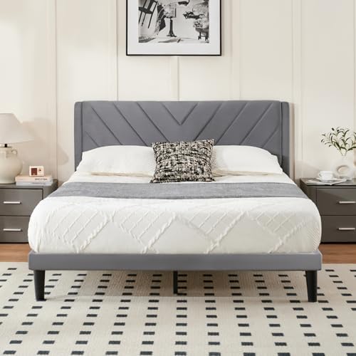 Queen Size Platform Bed Frame with Velvet Headboard, Wing Edge, Sturdy Wooden Slats, Noise-Free, No Box Spring Needed, Easy Assembly, Grey by Unknown