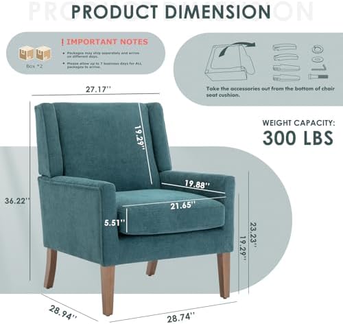COLAMY Modern Wingback Living Room Chair Set of 2, Upholstered Fabric Accent Armchair, Single Sofa Chair with Lounge Seat and Wood Legs for Bedroom/Office/Reading Spaces, Teal - Image 2