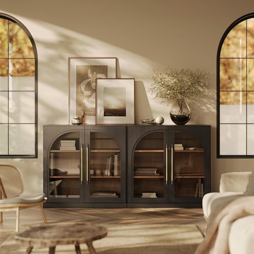 BELLEZE Set of 2 Modular Sideboard with Arched Glass Door, Accent Display Buffet Cabinet with Storage and Adjustable Shelves, 65'' Classic Modern Credenza for Living Room Kitchen Entryway (Ebony) by BELLEZE