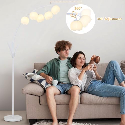 HMVPL White Floral Floor Lamp, Cute Flower Standing Lamp for Bedroom, Modern Tall Lamp with 5 G9 LED Bulbs, Foot Switch, Acrylic Shade, Curved Floor Lamp for Living Room Corner Bedside Kids Home Decor - Image 2