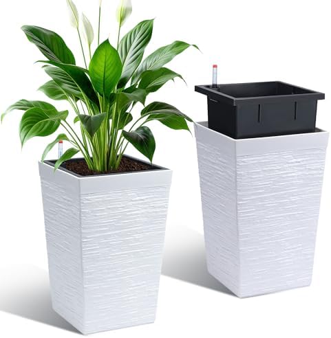 Garvee 16" Tall Planters Set of 2, Self Watering Tall Planters, Outdoor＆Indoor Planter Pots, High Front Porch Planters Pots with Drainage Holes＆Water Level Monitor, White by Garvee