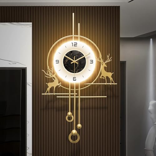 Modern Deer Wall Clock for Living Room,Large Gold Decorative Wall Clock with Light,Creative Silent Clock Battery Operated for Kitchen/Entryway/Bedroom/Office/Dinning Room Metal Wall Decor by HEBOIXHOMEDECOR