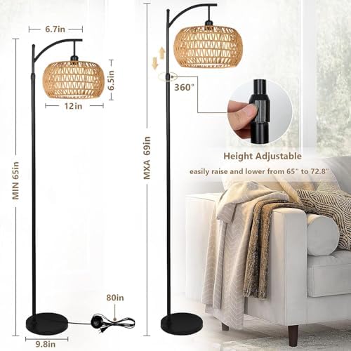 Arc Floor Lamps for Living Room Rattan Boho Floor Lamp with Remote Control,Dimmable LED Floor Lamps Wicker Lamp Shades Black Standing Lamp with 3 Color Temperature Tall Floor Lamp For Bedroom Corner - Image 5