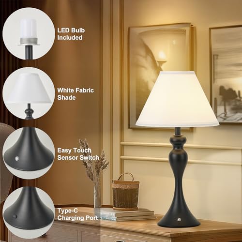 Cordless Table Lamp Rechargeable, Battery Night Light Fabric Shade, Black - Image 6