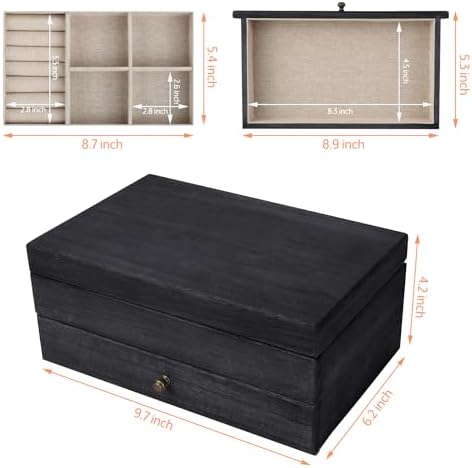 Meangood Jewelry Box Organizer for Women, 2 Layer Large Jewelry Storage Case, Rustic Wooden Jewelry Box with Mirror & Ring Tray for Necklace Earring Bracelets Rings, Vintage Style (Black) - Image 7