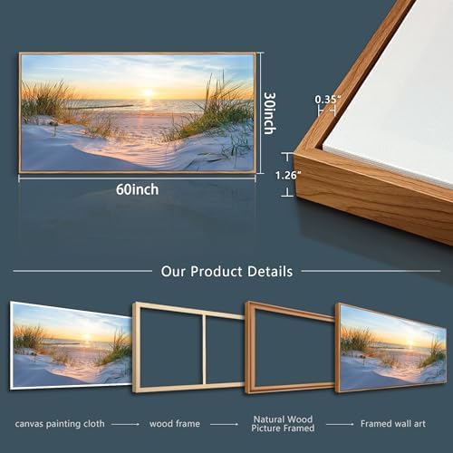 MHARTK66 Sunset Beach Wall Art for Living Room Golden Sunlight Sea Grass Dune Blue Ocean Seascape Picture HD Print On Canvas for Bedroom Office Home Decoration Framed Artwork Ready to Hang 30"x 60" - Image 6