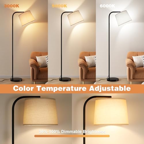 Ambimall Remote-Controlled Floor Lamp - Color Temperature Adjustable and Fully Dimmable, Standing Lamp for Living Room with Rotating Head, Tall Lamp for Bedroom, 9W Bulb Included (Black and Beige) - Image 3