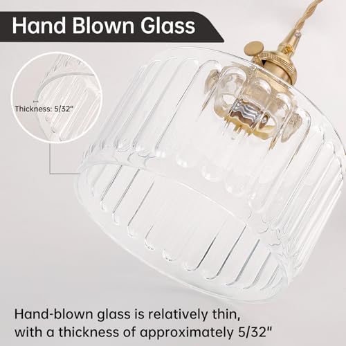 Shenmoyl Plug in Pendant Light Hanging Light Fixtures with Plugin Cord On/Off Switch,Clear Striped Glass Lampshade Brass Pendant Light - Image 6