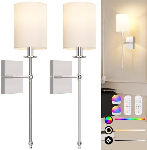 24 Inch Battery Operated Wall Sconces Set of 2 with Remote, Brushed Nickel Rechargeable Wireless Wall Lights with White Fabric Shade, Cordless Wall Lamps with Dimmable Detachable Bulbs for Bedroom by BestChoiceforYourLife
