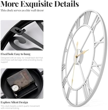 Cuspin 36 Inch Wall Clock Large Silver Decorative Modern Metal Clocks - Image 5