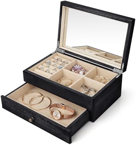 Meangood Jewelry Box Organizer for Women, 2 Layer Large Jewelry Storage Case, Rustic Wooden Jewelry Box with Mirror & Ring Tray for Necklace Earring Bracelets Rings, Vintage Style (Black) by Meangood