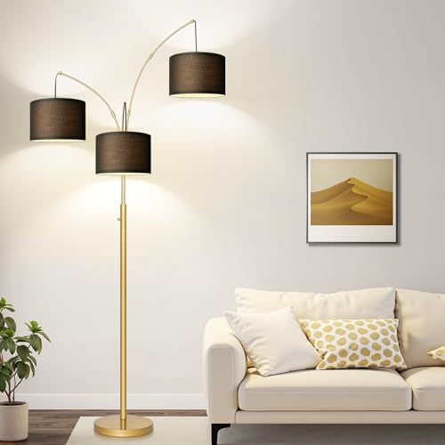 Dimmable Floor Lamp, 3 Lights Gold Arc Floor Lamp, Modern Tall Standing Tree Lamp with Black Linen Shades & Heavy Base, 3000LM LED Bulbs, Bright Lighting for Living Room, Bedroom, Office & Reading by Nintiue