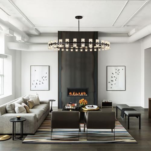 Modern 60 inch Black Round Chandelier, Extra Large Chandeliers Crystal Chandeliers for Living Room, Large Wagon Wheel Chandelier for Foyer, Staircase, Entrance,Includes Bulb - Image 4