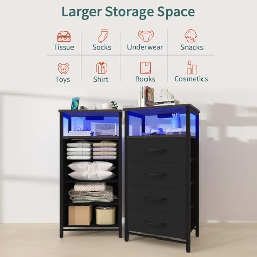 Yoobure Night Stand - LED Nightstand with Charging Station, Bedside Table with 4 Fabric Storage Drawers and Storage Shelf, End Table with USB Ports and Outlets, Tall Nightstand for Bedroom - Image 5