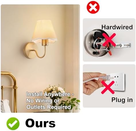 ADISUN Battery Operated Wall Sconce Set of 2, Gold Wall Lamps Rechargeable Bulbs for Living Room, Cream Rattan Shade, Wireless Wall Lights for Bedroom Living Room Hallway Kitchen(2 Bulbs Included) - Image 6