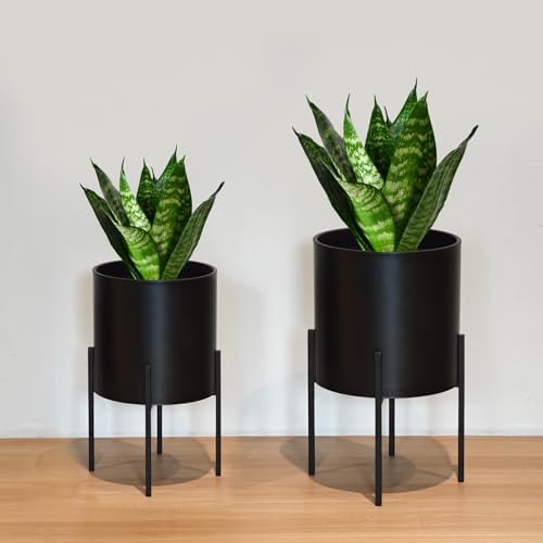 ARNIS Modern Plant Pots, Large Planters with Stand, Set of 2 Decorative Planters, Metal Plant Pots with Drainage Holes for Living Room, Office, Garden or Balcony, 10.5 &12.25 Inch, Black - Image 7