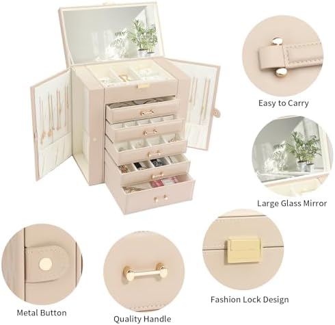 Large Jewelry Holder Organizer, 6 Layer Jewelry Box for Women Jewelry Storage Case With Handle, Gift for Christmas New Year, Apricot - Image 2