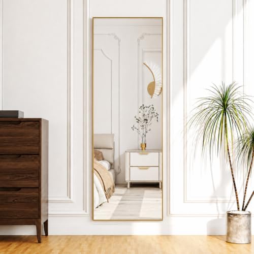 Aluminum Frame Mirror, 59"x16" Full Length Mirror with Stand, Free Standing Leaning Mirror Hanging Mounted Mirror for Bathroom Living Room, Gold - Image 6