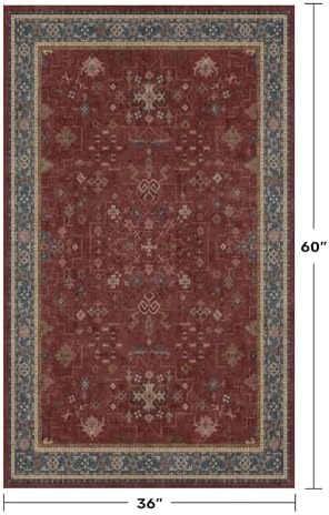 Washable 3x5 Entry Way Rugs Indoor - Burgundy Large Kitchen Rug, Non Slip Unique Bohemian Red Low Pile Thin Carpet for Bedroom Bedside, Foyer - Image 2