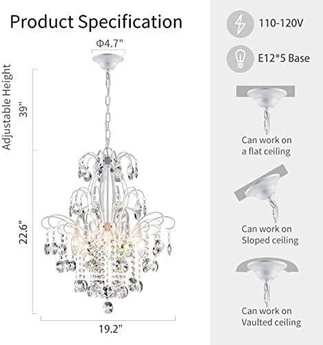 WUZUPS Crystal Chandelier 5-Light Pendant Ceiling Light Modern Lighting Fixture for Bedroom Hallway Bar Kitchen Bathroom, H 22.6'' x W 19.2'', E12 Base, White - Image 2