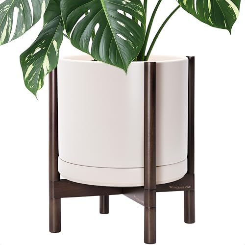 D'vine Dev Ceramic Pot with Walnut Wood Stand, Oatmeal, 14 in, 55-B-T-8 by DvineDevPlanterPotsandStand