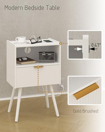 JOONEE White Nightstand with Outlet,Modern Bedside Table with Storage Drawer and Open Wood Shelf, for Living Room, Bedroom and Small Spaces, Accent Night Stand with Solid Wood Legs, Easy Assembly - Image 5