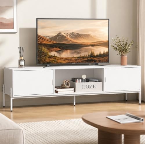 WLIVE 58" TV Stand for 65 Inch TVs, Mid Century Modern Entertainment Center with 2 Storage Cabinets & Open Shelf, Media Console Table with Metal Legs for Living Room, Bedroom, White by WLIVE
