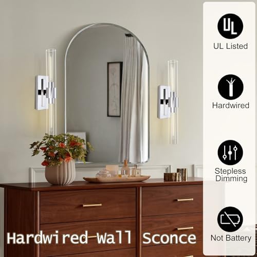 Nickel Bathroom Vanity Light, 2-Light Bathroom Wall Sconce Over Mirror, Chrome Vanity Lights for Bathroom, Dimmable Vanity Sconce with Glass Tube, Indoor Linear Wall Sconce Vertical & Horizontal, 1 PC - Image 2