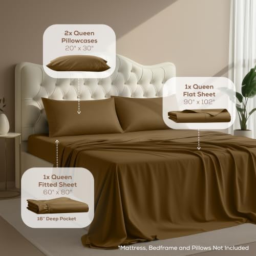 Queen Sheets Set, 4 Pieces 16" Deep Pocket Hotel Luxury Bed Sheets, Mocha - Image 2