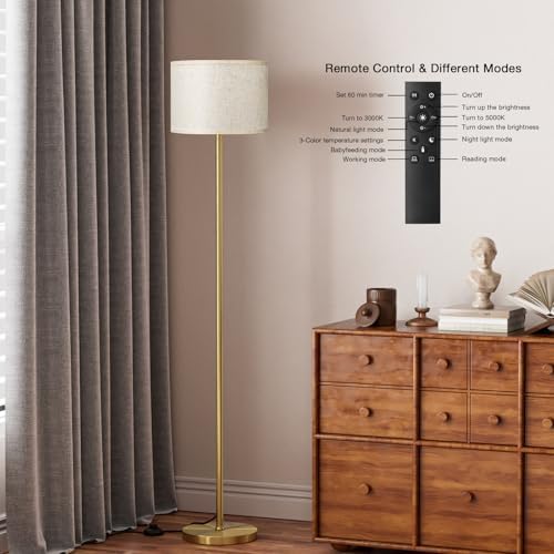 Ambimall 60'' Modern Floor Lamp with Remote, Tall Lamps for Living Room, Bedroom, Office, Dining Room, Beige Shade with Gold Pole(Included Bulb) - Image 6