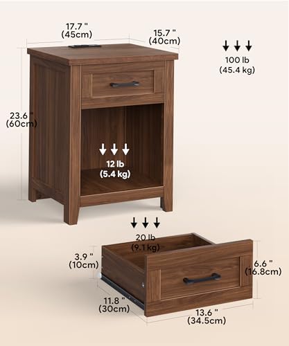 Decofy Farmhouse Nightstand with Charging Station, Walnut - Image 3