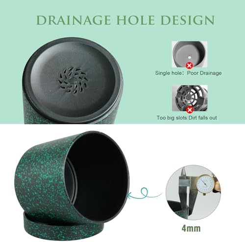 Meowell 6/5/4 inch Plant Pots, 3 Pack Cylinder Flower Pots for Small Indoor Outdoor Plants, Plastic Planters with Drainage Holes and Saucers for Garden Succulent Plants, Black with Green Speckles - Image 4