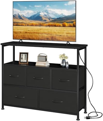 DUMOS TV Stand with 5 Fabric Storage Drawers, Media Console with Open Shelf & Charging Station, Compact Fabric Storage Entertainment Cabinet for Bedroom Living Room, Black by DumosLifestyle