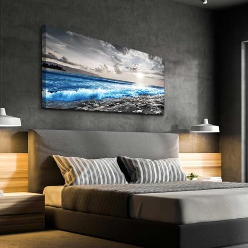 Hyidecorart Framed Canvas Wall Art - Large Size Decor for Office, Living Room, Bedroom - Blue Ocean, Black & White Modern Pictures - Image 4