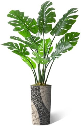 Artificial Tree in Geometric Pattern Planter, Fake Monstera Silk Tree for Indoor and Outdoor Home Decoration - 65" Overall Tall (Plant Pot Plus Tree) - Image 2