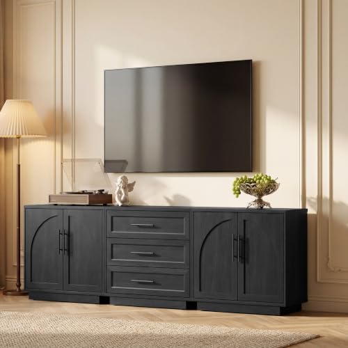 Fatmok Modular Entertainment Center & Buffet Cabinet, Extra Long Sideboard TV Stand with Arched Wooden Doors, Modern Wooden Storage Cabinet for Living Room, Black Grey(CEC,3-Piece) by Fatmok
