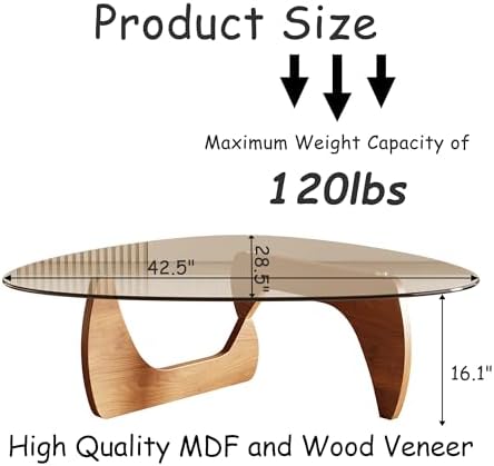 Honyee Morden Coffee Table, 42.5" x 28.5" x 16.1" Triangle Tempered Glass Top for Living Room, Color: Natural Wood - Image 2