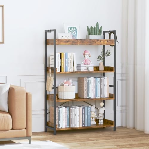HCHQHS 4 Tier Bookshelf, Adjustable Industrial Bookcase, Vertical Tall Book Shelf, Wood and Black Metal Open Bookshelves for Home Office, Living Room, Bedroom - Image 2