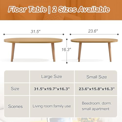 Coffee Table Low Table with Solid Wood Legs, 31.5x19.7" Large Coffee Table Side Table, Floor Table Desk for Sitting on The Floor, Living Room Furniture for Office Apartment Home, Oval Natural - Image 2