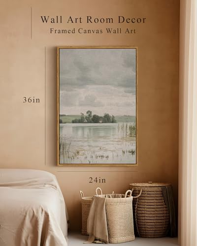 InSimSea Framed Canvas Prints Art Vintage Decor, Countryside Lakeside Landscape Paintings, Large Prints, Retro Hanging Wall Decorations for Bathroom Bedroom Living Room, 24"x36" - Image 5