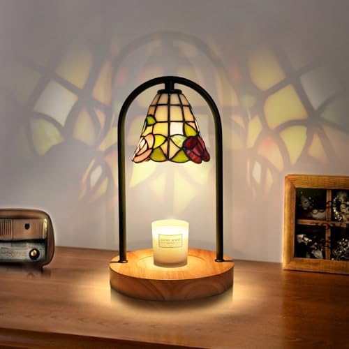 Wild Rose Tiffany Candle Warmer Lamp, Fixed Arch Wood Base by GlassCharms