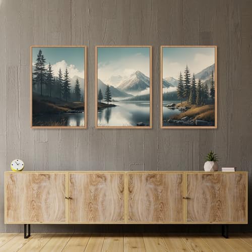 LHIUEM Large Mountain Misty Forest Framed Canvas Wall Art,Nature Ridge Foggy Wall Decor,Snow Lake Woodland Wall Painting,Pine Tree Artwork for Living Room,Bedroom,Dining Room,Office -16"x24"x3 - Image 4