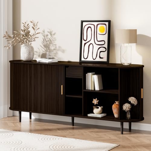 71" Sideboard Buffet Cabinet with Storage,Large Credenza with Sliding Doors and 1 Drawer,Mid Century Modern Coffee Bar Cabinet with Adjustable Shelves for Dining Room,Kitchen,Living Room (Dark Walnut) by DHHFurnitureBuyNow