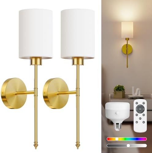 NIORSUN 20.67 inch Battery Operated Wall Sconce Set of 2, Gold Rechargeable Wall Lights with 10400mAh Dimmable Bulbs and Remote, 9 Colors Wireless Wall Lamps for Bedroom Living Room Hallway by NIORSUN