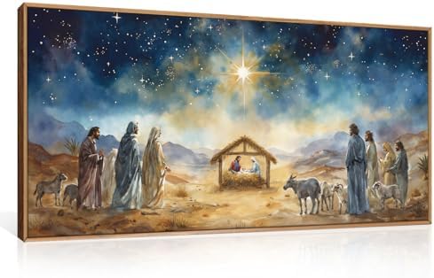 LHIUEM Large Bible Christian Religious Framed Canvas Wall Art Set,Birth of Jesus Nativity Wall Decor,Christmas Mary and Joseph Artwork for Living Room,Bedroom,Dining Room,Office -20"x40"x3 by LHIUEM